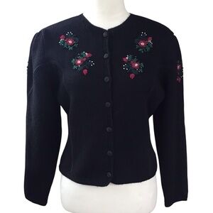 Susan Bristol Vintage Hand Embroidered Wool Floral Long Sleeve Cardigan Size S
